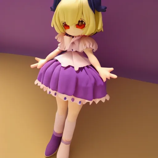 Prompt: cute fumo plush of a girl in a purple polka dot dress, anime, character silhouette, edge glow, cel shaded pbr, vray