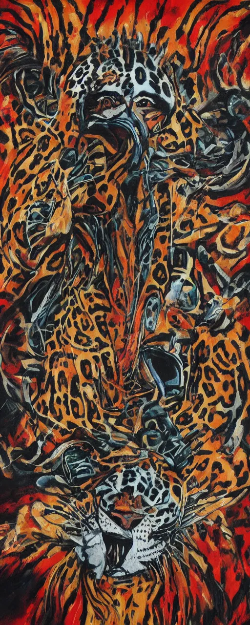 Image similar to the painting of a shaman turning into a jaguar 4 k render