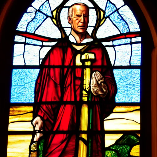 Prompt: a stained glass window in a church showing joe biden as a god, 4 k, highly detailed