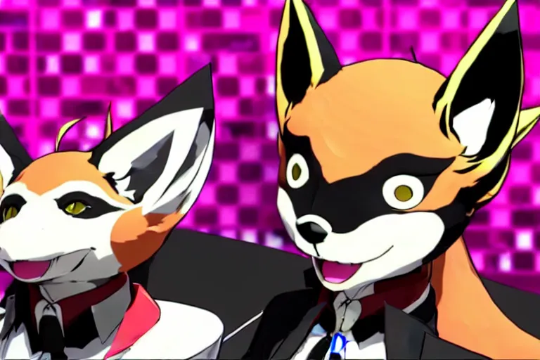 Image similar to in the persona 5 : royal ( by atlus ) video game casino level, a furry male sandcolored tan fox fursona ( has hair ), persona 5 phantom thief style