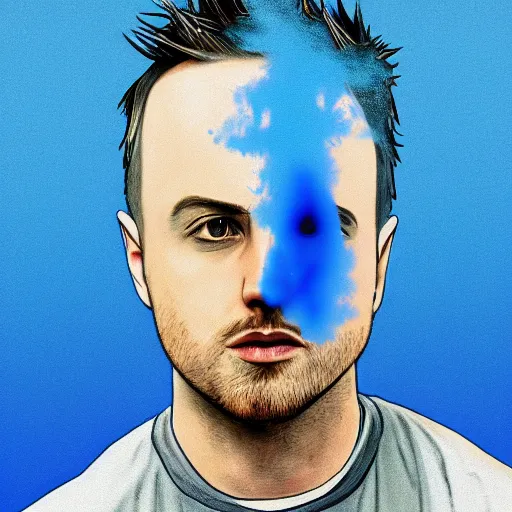 Image similar to jesse pinkman's head coming out of a blue mist, trending on artstation, profile pic, centered, accurate anatomy, highly detailed, digital art,