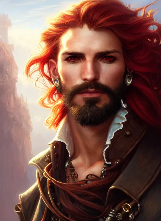 Image similar to 3/4 headshot of male airship pirate, D&D, handsome, fantasy, intricate, long hair, airship, steampunk, red hair, elegant, highly detailed, digital painting, artstation, concept art, smooth, sharp focus, illustration, art by artgerm and greg rutkowski and alphonse mucha