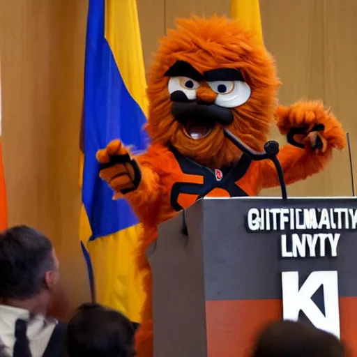 Image similar to Gritty the Philadelphia Flyers mascot delivering a speech at the United Nations