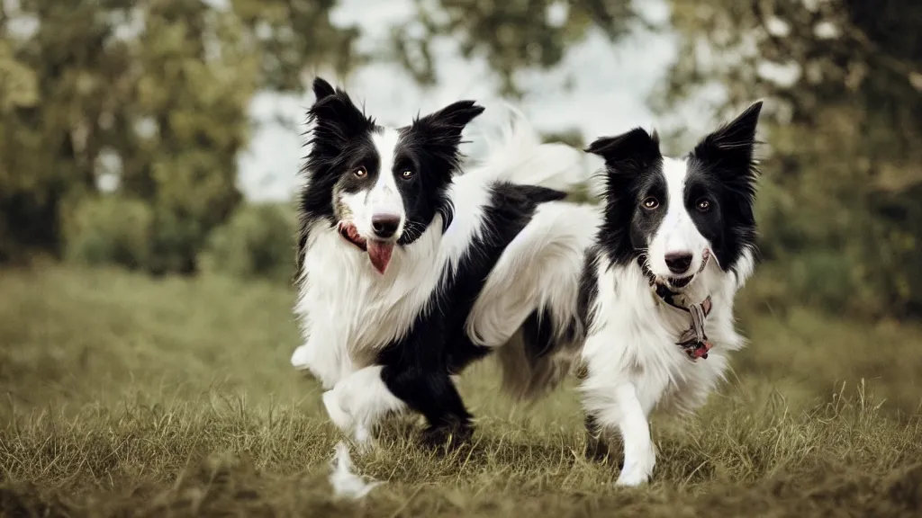 Image similar to Border Collie, splash art, movie still, cinematic lighting, dramatic, octane render, long lens, shallow depth of field, bokeh, anamorphic lens flare, 8k, hyper detailed, 35mm film grain