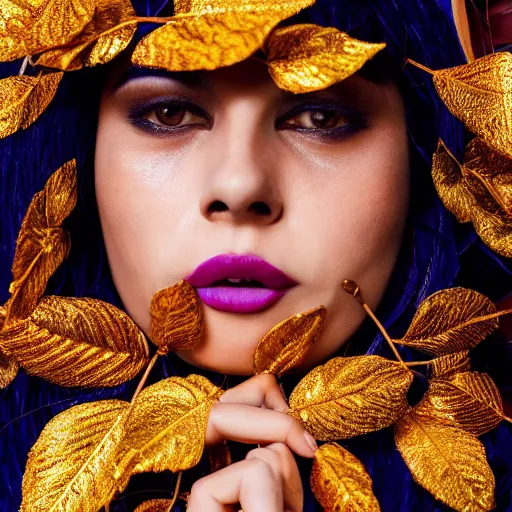 Image similar to close up portrait of a mysterious humanoid, gold leaves, violet silk threads, venetian masks, mouth gags, fashion magazine, portrait photography, annie leibovitz, david lazar, 1 0 5 mm, in autumn, 8 k hd, detailed