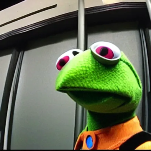 Prompt: kermit the frog wearing a mask and robbing a bank, security camera footage