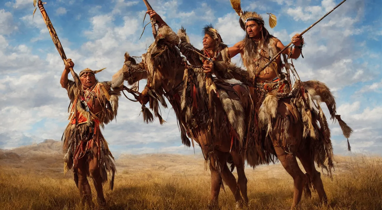 Image similar to a native american chief holding a spear while sitting on a war horse, in the style of greg overton, hyperdetailed, hyperrealism, octane render, golden ratio, 4 k,