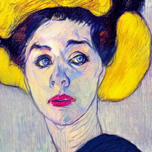 Image similar to beautiful woman, with long hair, black lips and yellow eyes, in the style of Toulouse-Lautrec photorealism 10K