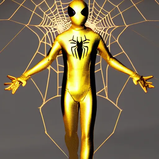 Image similar to gold spider - man suit with black web lining, cinematic, volumetric lighting, realistic, hyperdetailed, photorealistic, photograph