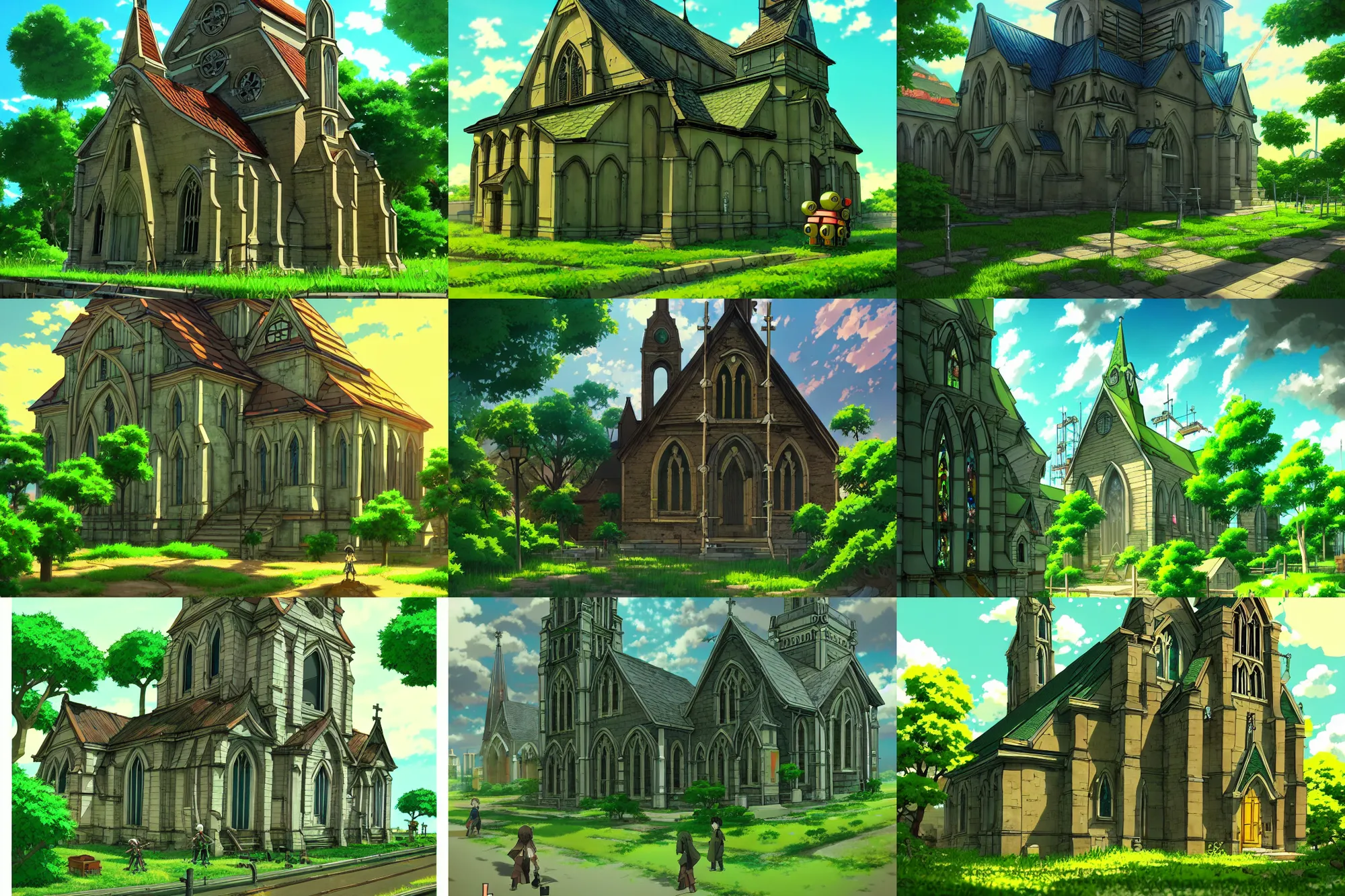 Prompt: anime!!! old church building scaffolding, little manga ant - robots! as builders, lush green, sun, anime style!!!, artstation