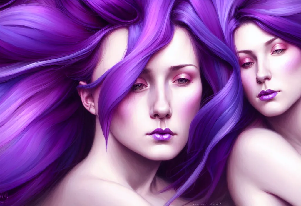 Image similar to Purple hair relistic Portrait of a two woman with bright colored flying hair, all shades of purple. Beauty face, Hair coloring, fantasy, intricate, elegant, highly detailed, digital painting, artstation, concept art, smooth, sharp focus, illustration, art by artgerm and greg rutkowski and alphonse mucha