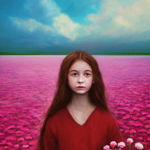 Image similar to head made of carnations flower, girl standing in a vast flower field, surreal photography, sunrise dramatic light, impressionist painting, colorful clouds, large sky, digital painting, artstation, simon stalenhag, flower face