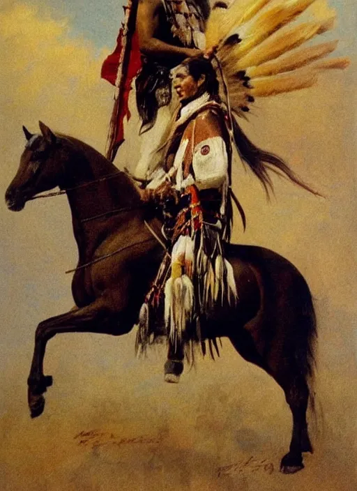 Image similar to powerful native american warrior!! beautiful native american sitting on horse, nineteenth century, painted by frazetta