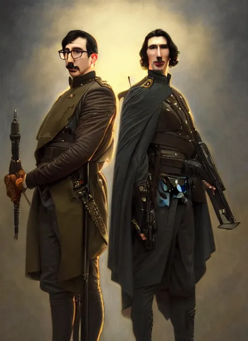 Image similar to a portrait of john oliver and adam driver posing together back to back, stoic, military uniform, fantasy, centered, dark background, smokey atmosphere, foggy atmosphere, art by artgerm and greg rutkowski and alphonse mucha