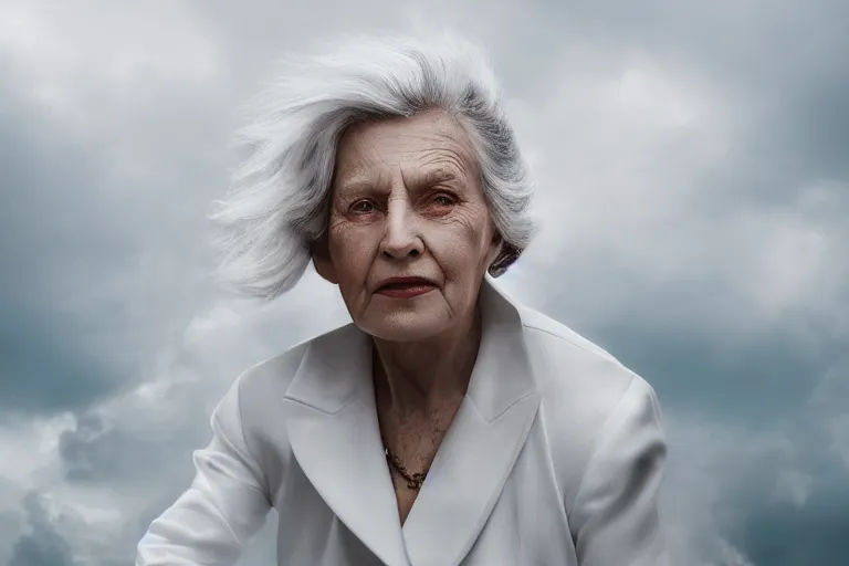 Image similar to a realistic cinematic headshot portrait of an old woman on top of skyscaper, wearing futuristic white suit, ceo, 4 k, ultra realistic, dramatic lighting, rain, clouds, fog, vogue, fashion, magazine spread, by annie leibovitz