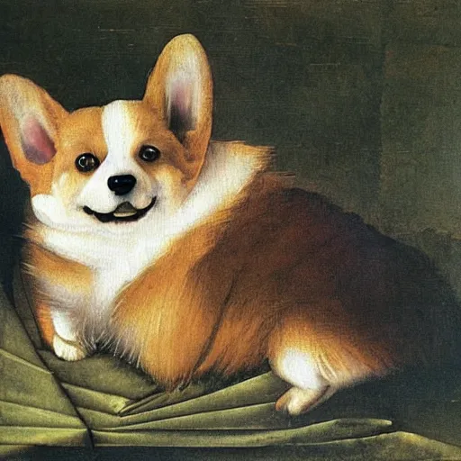 Image similar to very sad crying corgi sitting behind laptop on bed among the greenery, oil painting by Leonardo Da Vinci