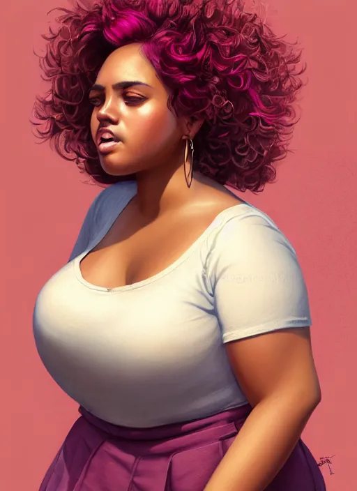 Image similar to full body portrait, teenage vanessa morgan, pink hair, brown skin, obese, curly pixie hair, sultry, realistic, short hair, hoop earrings, skirt, shirt, fat, belly, intricate, elegant, highly detailed, digital painting, artstation, concept art, smooth, sharp focus, illustration, art by wlop, mars ravelo and greg rutkowski