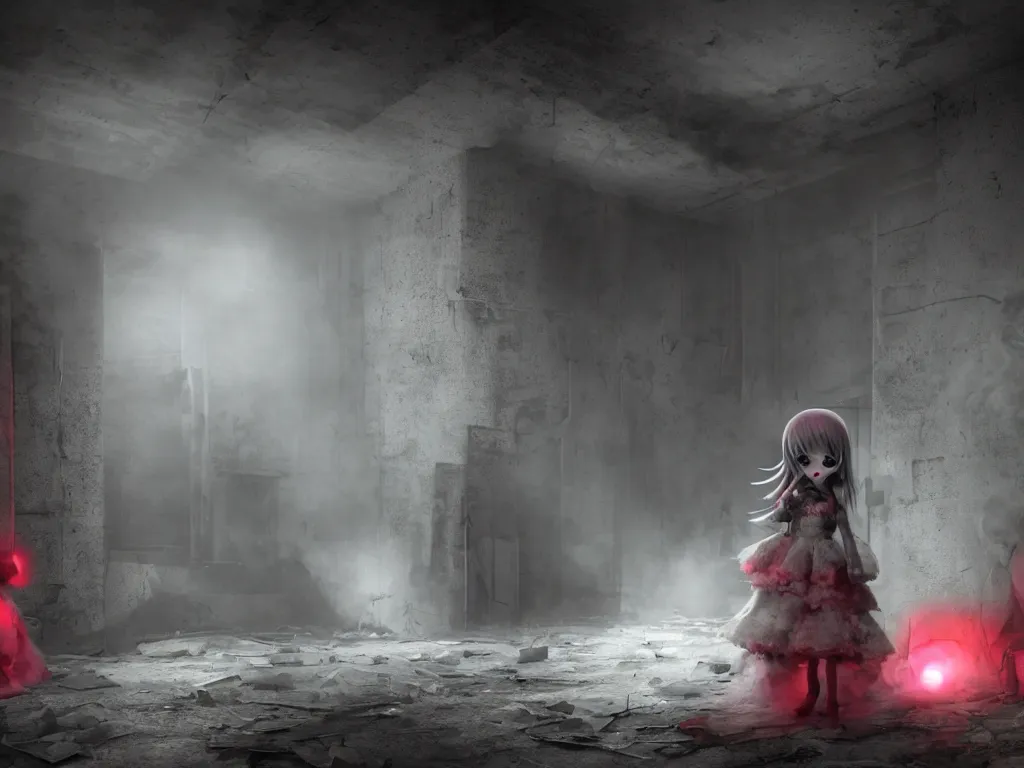 Image similar to cute fumo plush girl ghosts playing in a mysterious concrete wartorn brutalist ruin, ominous bright red lights, chibi gothic maiden in tattered rags, dramatic three point lighting, glowing wisps of hazy smoke and volumetric fog swirling about, vray