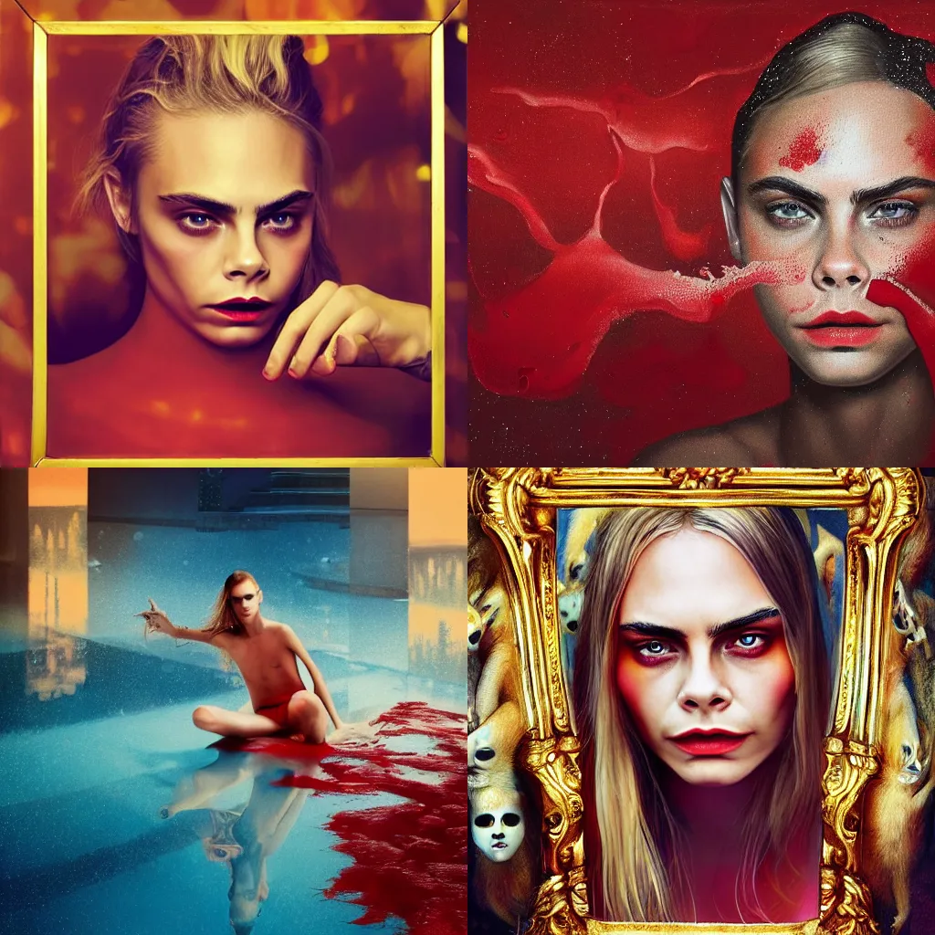 Prompt: Cara Delevigne with beautiful face and full body laying in a blood red pool of water between a bright golden glowing mirror frame, outside is space and inside the mirror frame is a beautiful landscape. Hyperrealistic surreal 4K IMAX Rene Margritte intricate, elegant, highly detailed, digital painting, artstation, concept art, smooth, sharp focus, illustration, art by artgerm and greg rutkowski and alphonse mucha