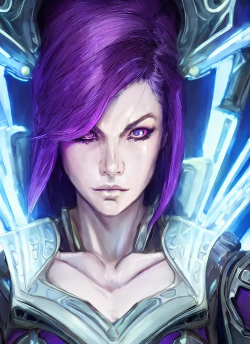 Prompt: close up portrait of sci - fi alleria windrunner with purple hair, pale blue backlight, powerful, domineering, stoic, intense, ultrafine hyperdetailed illustration by kim jung gi, irakli nadar, intricate linework, sharp focus, octopath traveler, yoji shinkawa, highly rendered, detailed, concept art