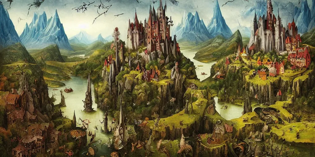 Prompt: beautiful Veduta painting gothic painting of a lively scenic rpg map with lakes, forests, mountain ranges, castles, rivers, hills, villages, flying dragons, surrounded by snowy mountains, by Esao Andrews and Peter Gric and Hieronymus Bosch and De Es Schwertzberger and Anka Zhuravleva