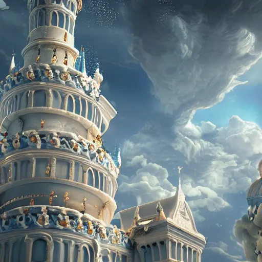 Image similar to white castle in the sky, fairy tale, stunning, surrounding cinematic light, hyper detailed, ornate and intricate, 4 k cinematic octane render