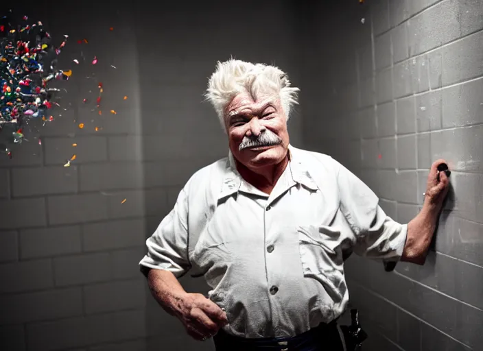 Image similar to photo still of rip taylor in a jail cell!!!!!!!! at age 6 3 years old 6 3 years of age!!!!!!! throwing confetti from a bucket, 8 k, 8 5 mm f 1. 8, studio lighting, rim light, right side key light