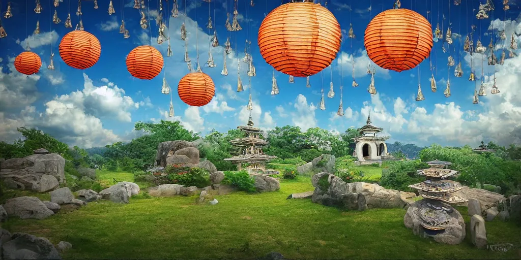 Image similar to wind god enjoying the view from his stone heavenly palace, decorated with windchimes and paper lanterns, nature, clouds and other palaces in background, digital art