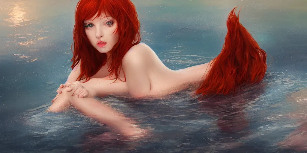 Prompt: redhead beautiful girl bathing in a river, illustration, night moonlight, digital art, oil painting, fantasy, 8 k, trending on artstation, detailed