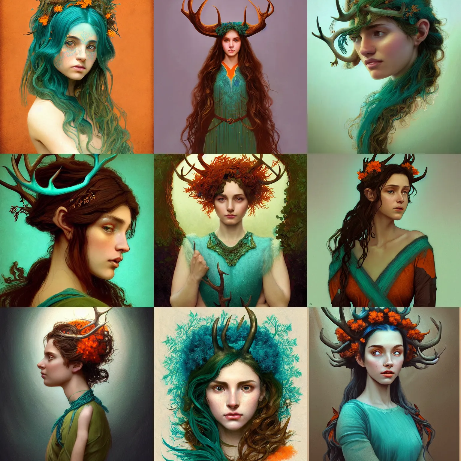 Prompt: beautiful digital painting of a young woman with teal skin and antlers made from wood on her head, brown curly hair with orange oak leaves, in a green dress D&D, fantasy, intricate, beautiful eyes, cinematic lighting, highly detailed, digital painting, Artstation, concept art, smooth, sharp focus, illustration, art by Greg Rutkowski and Alphonse Mucha