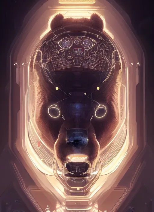 Prompt: symmetry!! portrait of cyborg bear, glowing lights!! intricate, elegant, highly detailed, digital painting, artstation, concept art, smooth, sharp focus, illustration, art by artgerm and greg rutkowski and alphonse mucha