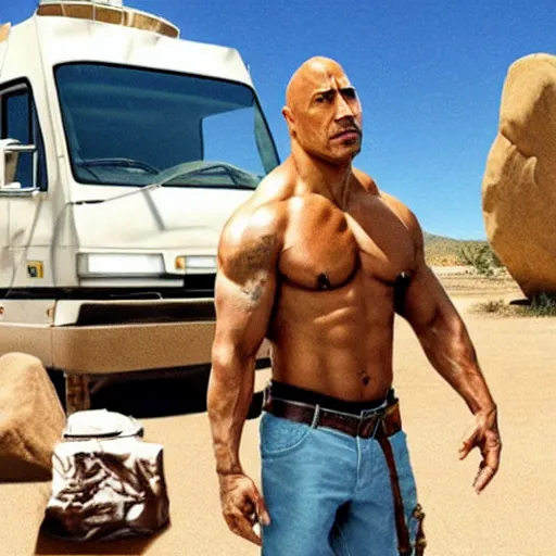 Image similar to dwayne the rock johnson holding a ziplock bag with baby blue meth, desert background, next to an rv, by stephen bliss, gta loading screen