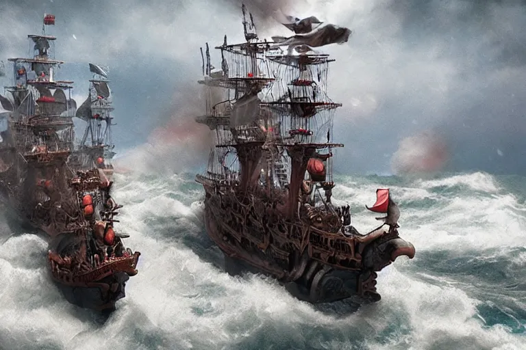 Image similar to epic pirate ship cannon battle in a storm, in the style of vernon grant and chris van allsburg, trending on artstation, bright tilt - shift camcorder effect, photoshop, retrowave, hyperrealism, octane, sharp focus, masterpiece