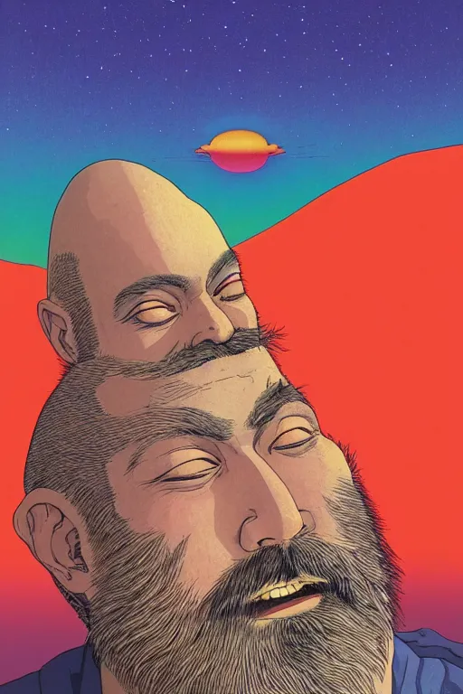 Image similar to a colorful closeup portrait of a bald long bearded man, dreaming psychedelic hallucinations in the vast icy landscape of antarctica, by kawase hasui, moebius and edward hopper, colorful flat surreal design, hd, 8 k, artstation