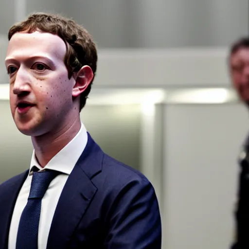 Prompt: disappointed mark zuckerberg on his trial at the hague