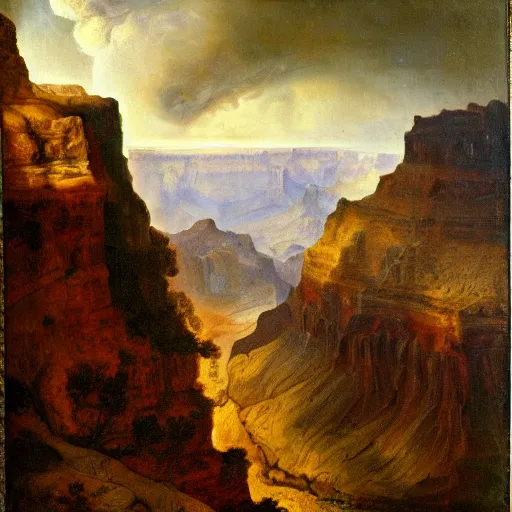 Prompt: grand canyon, oil on canvas, by rembrandt