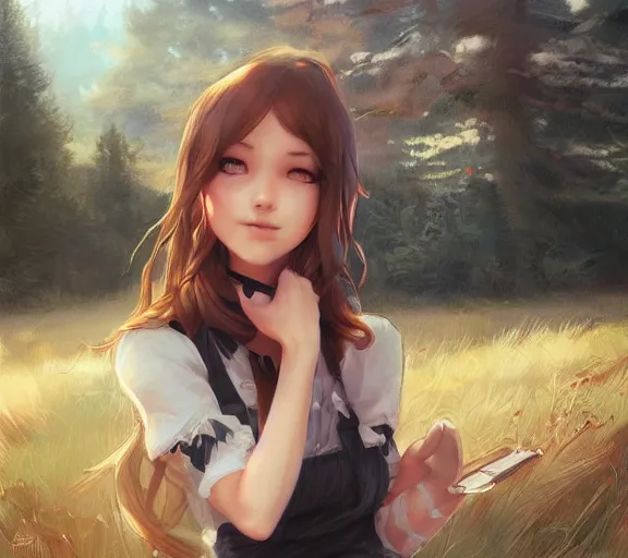 Prompt: a beautiful girl In front of the cabin, the country, by Artgerm Lau and Krenz Cushart，hyperdetailed, trending on artstation, trending on deviantart