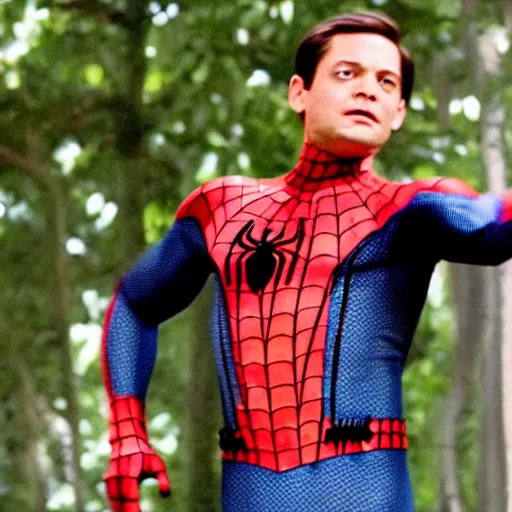 Prompt: film still of Tobey Maguire spider man swinging