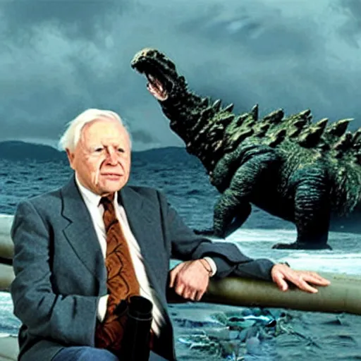 Image similar to Sir David Attenborough sees Godzilla