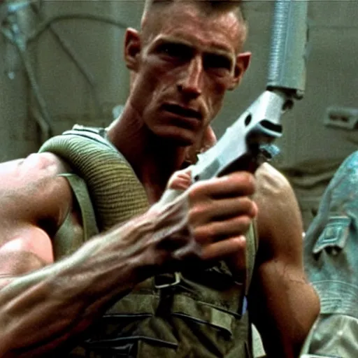 Image similar to tall muscular soldier with rock skin, still from the movie aliens