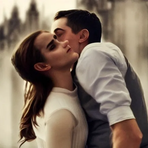 Image similar to emma watson kissing putin, award winning photography, cinematic, 50 mm, trending on Twitter