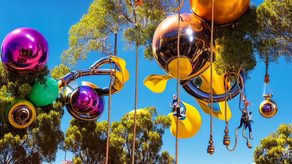 Prompt: large colorful futuristic space age metallic steampunk balloons with pipework and electrical wiring around the outside, and people on rope swings underneath, flying high over the beautiful river torrens and elder park in adelaide in south australia city landscape, professional photography, 8 0 mm telephoto lens, realistic, detailed, photorealistic, photojournalism