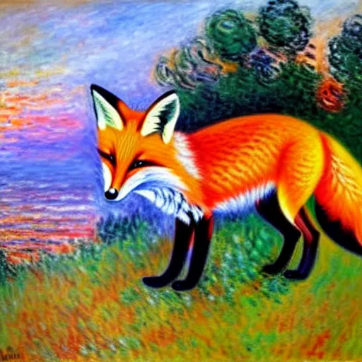 Prompt: a painting of a fox sitting in a field at sunrise in the style of Claude Monet