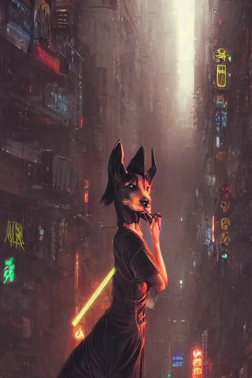 Image similar to beautiful portrait of a tall female anthro anubis smoking a cigarette in a bustling crowd of a rainy city street, goth punk clothes, cyberpunk, harsh neon lights, highly detailed, sharp focus, digital painting, illustration, trending on artstation, art by sakimichan, wlop, greg rutkowski