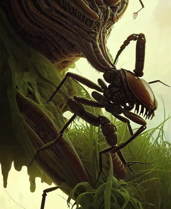 Prompt: intricate portrait of a scary alien insect creature, adorable, childlike, overgrown environment, ultra realistic, concept art, minimalist, photorealistic, octane render, 8 k, unreal engine. art by christopher marley and artgerm and greg rutkowski and alphonse mucha