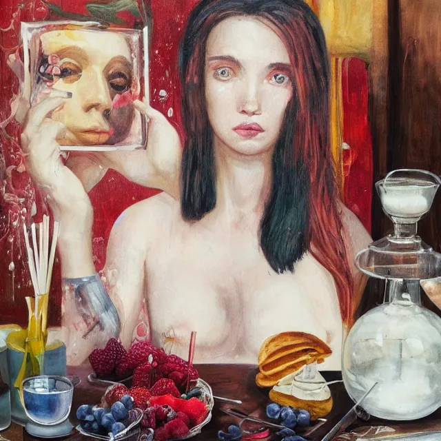 Prompt: sensual, a portrait in a female art student's apartment, pancakes, woman holding a brain from inside a painting, berries, alpaca, scientific glassware, art supplies, a candle dripping white wax, berry juice drips, neo - expressionism, surrealism, acrylic and spray paint and oilstick on canvas