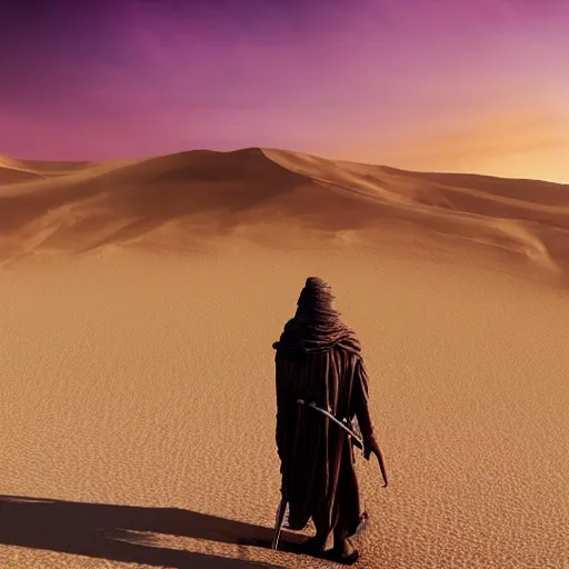 Image similar to man wearing tan turban in the desert Tusken Raider Dune (2021) Witch-king of Angmar. Desert twilight purple sunset beautiful art by Roger Deakins Jeremy Saulnier Newton Thomas Sigel Robert Elswit Greig Fraser trending rtx on ue5