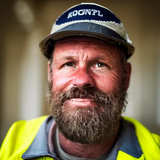 Prompt: a portrait photograph of a funny, hardworking, roughneck, 4 9 - year - old american oil - and - gas worker canon 8 5 mm f 1. 2 photograph head and shoulders portrait