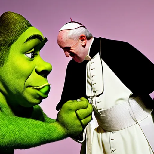 Image similar to shrek kisses the pope's hand. photojournalism, wide angle lens, extremely detailed face, new york times cover, studio lighting