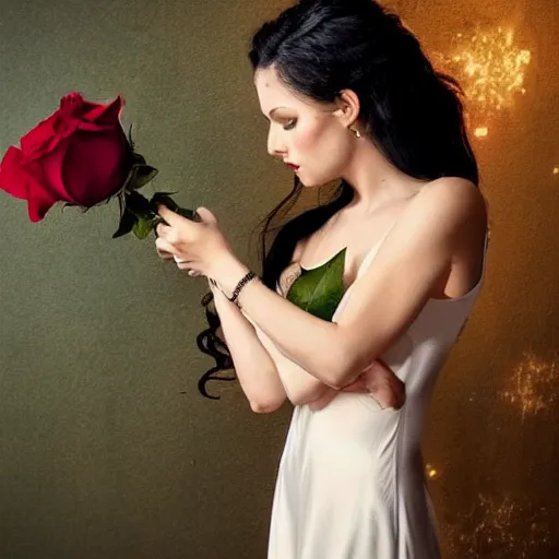 Prompt: a beautiful woman in a dress holding a rose against the backdrop of a dark night. she looks like a queen from ancient times.